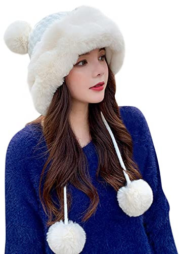 LIJCC Winter-Pompon-Mütze für Damen, Strickmütze für Damen, Häkelmütze, warmer Eimer, Outdoor-Ohrabdeckung, Hut, Lederhut, Herren, weiß, Einheitsgröße