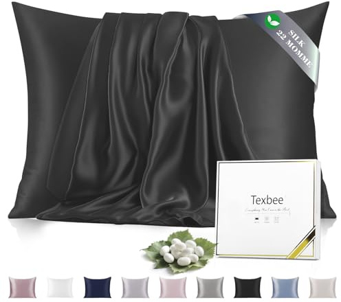 Texbee Seidenkissenbezug 40x80 Maulbeerseide für Haar und Haut, Schwarz | Beidseitige 22 Momme Naturseide für gesunde Haut & glattes Haar, mit Diskreter Reißverschluss, kühlend, atmungsaktiv, 1 Stück