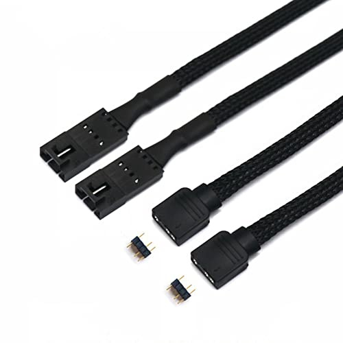 Angitu for 2pcs / lot Corsair Fan RGB ARGB Adapter Cable with Black PET Sleeved HD LL120 140 QL 3Pin 4Pin Fan to 5V 3Pin RGB LED Cable 50cm (RGB-4Pin Male Black Sleeved)