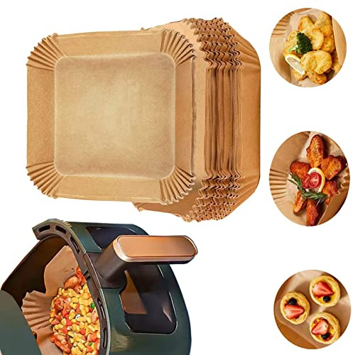 Backpapier für Heißluftfritteuse 100 Stück Quadrat Airfryer Wiederverwendbar Zuschnitte Zeitung Kastenform 6.3in Pergamentpapier Wiederverwendbare Einwegschalen Heißluftfritteuse Mehrweg