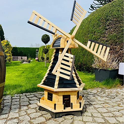 DARLUX handgearbeitete Sechseck Holz Garten Windmühle kugelgelagert XXL Holzschindel Natur/Schwarz H=115 cm