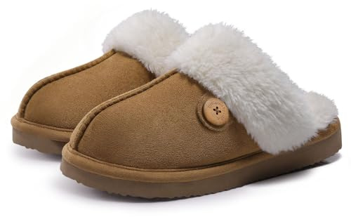 Litfun Women's Fuzzy Memory Foam Slippers Fluffy Winter House Shoes Indoor and Outdoor, Button Chestnut 8