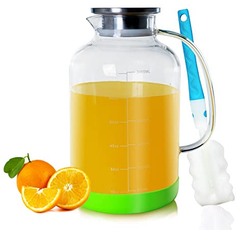 KTQUICK 102OZ - Caraffa in vetro da 3 litri, grande volume, brocca d'acqua con coperchio in acciaio inox (brocca di vetro)