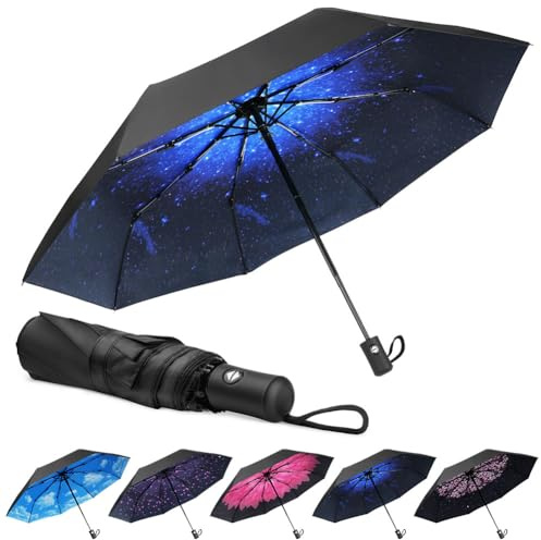 Aolso Ombrello Pieghevole Antivento, Chiusura Automatica Ombrello Pieghevole, Ombrello pieghevole compatto anti-tempesta, UPF>50+ Ombrello da Sole, Ombrello Automatico a 8 Stecche (Stellato Blu)