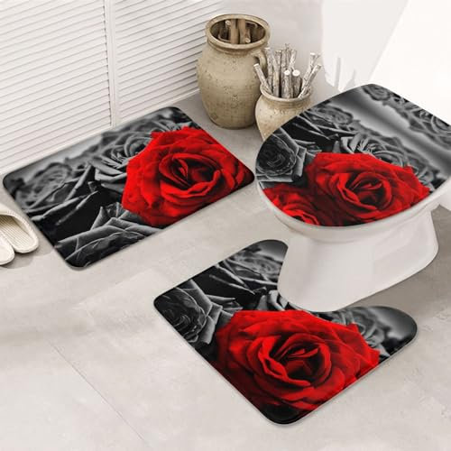JCAKES Badezimmerteppich-Set, 3-teilig, Motiv: schwarz-weiße und rote Rosen, luxuriös, 3-teiliges Badezimmerteppich-Set