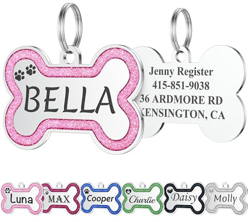 GISUREY Hundemarke mit Gravur - Glitzer Hundemarke Personalisiert, Tief Gravierte Edelstahl Namensschild für Halsband mit schönen 36 Symbolen, Name Telefonnummer Adressanhänger Hund (Klein, Rosa)