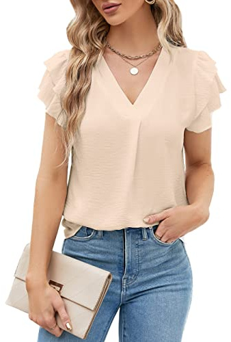 Blooming Jelly Womens Dressy Casual Shirts Short Sleeve V Neck Work Blouse Business Casual Summer Tops 2026(XX-Large, Apricot)