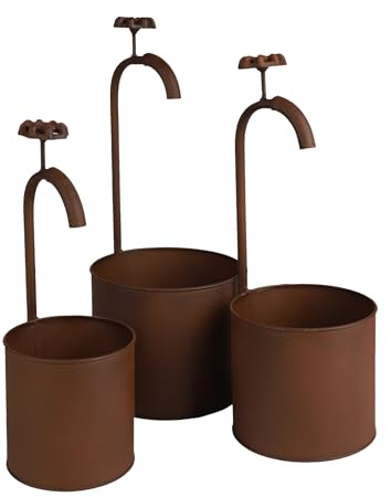 Spetebo Metall Blumentopf 3er Set Eimer mit Wasserhahn - 17/14 / 12 cm - Vintage Übertopf Rost Optik mit Deko Wasserhahn - Garten Dekoration Pflanztopf Retro klein