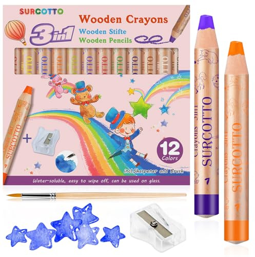 Surcotto Lot de 12 crayons de couleur 3 en 1, solubles dans l'eau, avec 1 taille-crayon et 1 pinceau