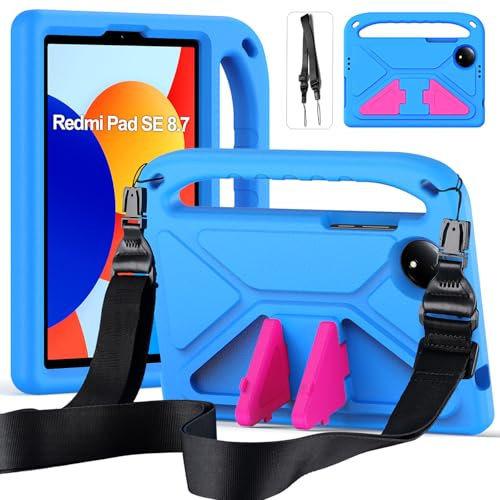 RollinCase Custodia per Xiaomi Redmi Pad SE 8.7 Pollici 4G 2024, Leggera Antiurto Cover per Bambini con Cavalletto e Spallacci per Redmi Pad SE 8.7‘’, Blu