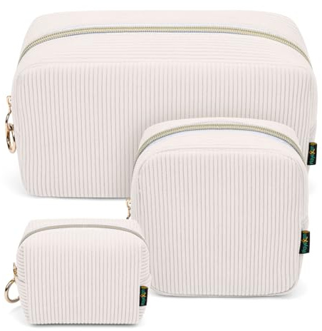 3 Stück Kosmetiktasche Kleine Make up Tasche Verdickt Cord Schminktasche Kulturtasche Große für Damen Mädchen Frauen Reisetasche Tragbare Kulturbeutel Set Kosmetik Parfüm Tasche Organizer(Beige)