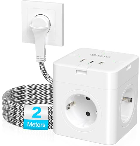 Multiprise cube avec 3 USB, 4 prises plates avec interrupteur unique, multiprise avec USB C, prise d'alimentation 7 en 1 avec câble tressé de 2 m, multiprise pour bureau, voyage, blanc