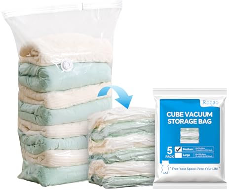 Roqao Cube Vacuum Storage Bags 5 Pack, Medium (30x50x70 CM), Vacuum Compression Bags for Clothes, Bedding, Blankets, Duvets, Reusable Space Saver Storage Bags for Travel & Home Organization