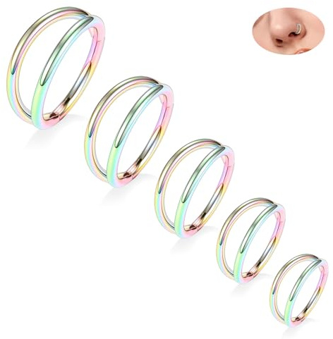 hengkaixuan 18G Helix-Knorpelschmuck, Doppel-Nasenring, Regenbogen-Septumschmuck, Chirurgenstahl, Daith-Ohrringe, Rook, Tragus, Lippe, Conch, Lobe, Creolen, 5 Stück