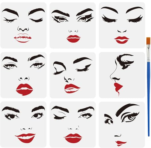 FINGERINSPIRE 9 Stück Malschablone Für Weibliches Gesicht Mit Pinsel 15x15cm Augen Nase Mund Zeichenvorlage Gesichtsausdruck Frauengesicht DIY Schablone Zum Malen Auf Holz Wänden Stoffen Und Möbeln