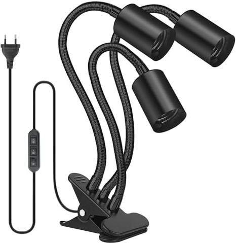LEKEFETO Tischlampenfassung E27: Drei Klemmen Lampenfassung, LED Schreibtischlampe Clip mit Kabel und Schalter EU Plug, Schwanenhals 360 Grad Flexiblem,Langer Schlauch, für Kopfteil, Werkbank, Schwarz