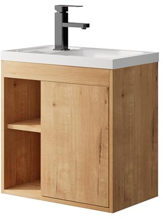 UEV Mobile Bagno con Lavabo in Resina, Mobiletto Bagno Sospeso con Unico Design e Praticità, Modello di Legno Naturale, 50,5 x 30 x 50 cm, Naturale
