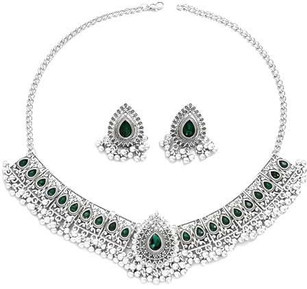 IMINI Juego de joyas indias vintage para mujer: collar de gargantilla de plata antigua oxidada y pendientes boho nupcial regalo de boda con cristales festivos étnicos para fiestas, medianos y metales