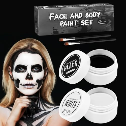 Halloween Schminke Set, Schwarz Weiß Horror Theaterschminke mit 50g & 2 Pinseln, Halloween Make Up für Gesicht Kinder Erwachsene, Skelett Vampir Clown Fasching Schminke