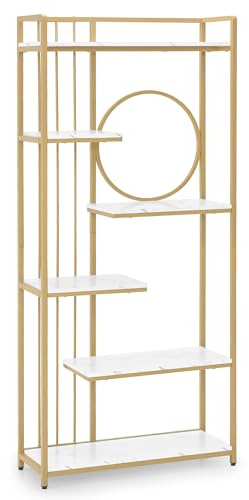 Barberpub Bücherregal Gold, Standregal mit 6 Ebenen, Büroregal mit Metallrahmen, Regal für Büro, Wohnzimmer, Schlafzimmer, Küche, Nagelstudio, Marmor-Weiß, 30x80x180cm, 5180