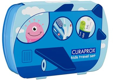 Curaprox Kids Reseset – Tandborste, tandkräm och interdentalborstar | Ultramjuka Curen®-filament | Kompakt reseset för barn (blå) | Tillverkad i Schweiz