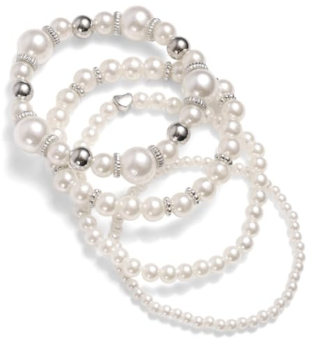 Mikovivi 4pzs Pulseras Perlas para Mujeres, Multicapa Blanco Perlas Simuladas Set de Pulseras Cuentas Apilable Elástica Joyería Nupcial Delicada con Dijes Corazón para Boda Cumpleaños (Plata)