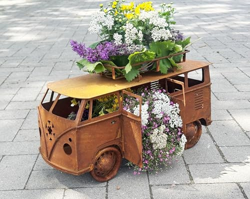 Kleiner Bus zum Bepflanzen 48x20x28cm Edelrost Gartendeko Rost Metall Kult Auto Camper von Steinfigurenwelt (Bus klein)