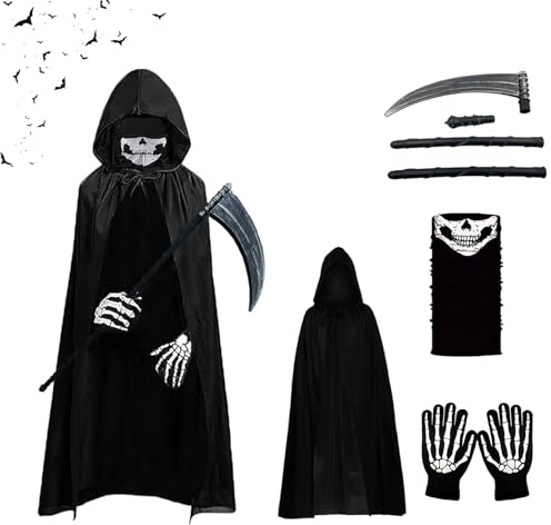 XILEPINGAN Disfraz de la Muerte, Disfraz de Halloween Parca con Capa, Máscara, Guantes y Hoz, Disfraz Parca Halloween Niños y Adultos, Disfraz Carnaval Muerte Temático (Niño-B)