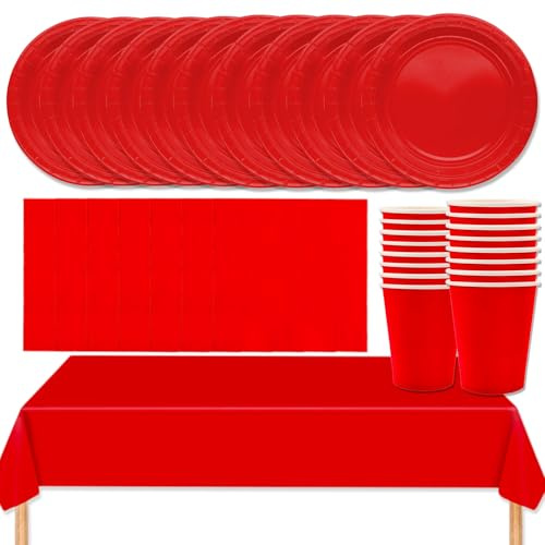 MOMAHUA Juego de vajilla de fiesta 53P, juego de vajilla roja con platos, mantel, toallas, vasos, decoración de mesa de color sólido para cumpleaños, boda, picnic, fiesta