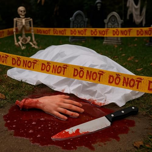 5Pcs Fake Dead Victim Props Scary Halloween Decoration Outdoor, Fake Dead Body Halloween Prop with Fake Knife, Fake Blood Power, Caution Tape, Fake Hand & Tablecloth for Haunted House, Garden, Yard