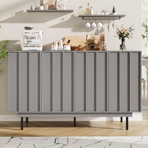 Buffet avec 4 Portes Armoire autoportante Design rainurée pour Salle à Manger Cuisine Salon buffets avec Rangement armoires latérales Gris