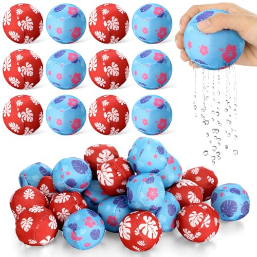Vertintong 24 Pack Cartoon Hawaiian Party Favors Water Balls Bomb for Pool, 2 Inch Reusable Water Balls Bulk Red Blue Flower Patterns Absorbent Pool Toys for Kids Beach Luau Party Supplies