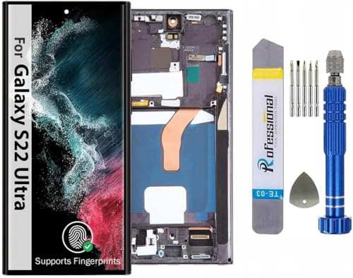 It'Go OLED HD (6.67 Inch) Display für Samsung S22 Ultra 5G S908 mit Fingerabdruck LCD Bildschirm Ersatz Touchscreen mit Werkzeug Schwarz mit Rahmen Hohe Qualität
