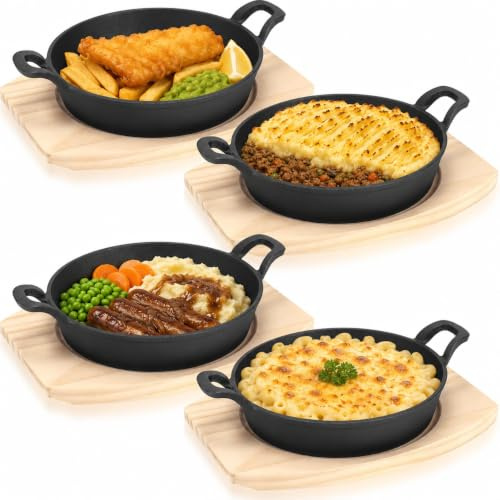 RWFMO 4 Pack Cast Iron Skillets, 20cm Round Sizzler Pans with Wooden Bases | Cast Iron Sizzler Pans, Double Handles, Small Skillet Pans for Tapas, Starters, Desserts, BBQ and Baking