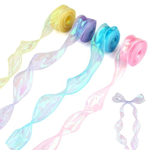 4Rollen Schillerndes Organzaband,4cmx9mDurchscheinende Glitzer Geschenkband | Chiffonband Schimmernde, Diy-Handarbeit Schleifenband für Geschenkdekoration, Hochzeiten, Einladungen, Blumensträuße