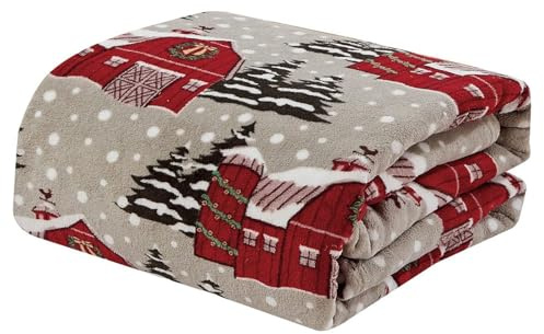 Christmas Blanket, Fluffy Blankets and Throws, Cozy Fleece Throws for Sofa, Autumn/Winter Cartoon Bed Throw for Kids & Adult, Christmas Bedding & Decorations for Home Car (Grey, Snow Hut)