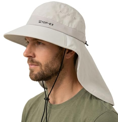 TOP-EX Cooling Sun Hat with Neck Flap Wide Brim UV Protection Hat for Men and Women Outdoor Hiking Fishing Gardening Golf Bucket Cap Breathable Sunhat Glacier Grey M/L