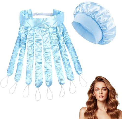 Rizadores sin calor para cabello largo, diadema de uso nocturno con varillas para peinar ondas en cabello corto y largo (azul - incluye gorro de dormir)