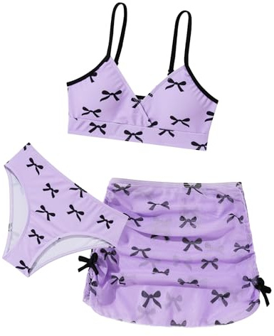 Happy Cherry Set bikini da bambina, 3 pezzi, costume da bagno con stampa con fiocco, gonna e spalline regolabili, costume da bagno per adolescenti e ragazzi da 8 a 14 anni, Viola, 13-14 Anni
