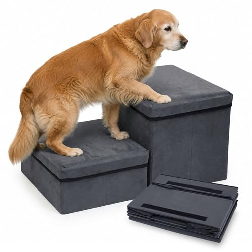Jinfanshurich hundtrappa med förvaringsutrymme, vikbar, 3 trappsteg, 75 x 40 x 30 cm, antiskid, för husdjurssäng och soffa, extra bred, för små och stora hundar, katter - Mörkgrå (grå-2)