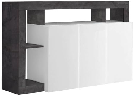 Buffet 3 portes blanc laqué, encadrement niches gris oxyde - ARTIRA