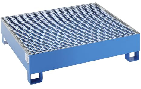eurokraft basic | Stahl-Auffangwanne für 200-l-Fässer | LxBxH 1200 x 1200 x 285 mm, ohne Zulassung, blau pulverbeschichtet, mit Gitterrost
