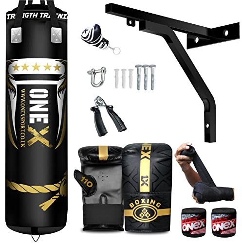 ONEX Heavy Filled Boxing Punch Bag Set Gloves Bracket MMA Pad Punching Kick Bag 13Pcs 3ft – 4ft - 5ft With Straps (Black, 5ft)