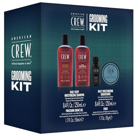 AMERICAN CREW Kit per la cura degli uomini: shampoo Daily Deep idratante (250 ml), Daily Moisture Conditioner (250 ml), Precision Shave Gel (50 ml) e cera per capelli Fiber per una presa forte (50 g)