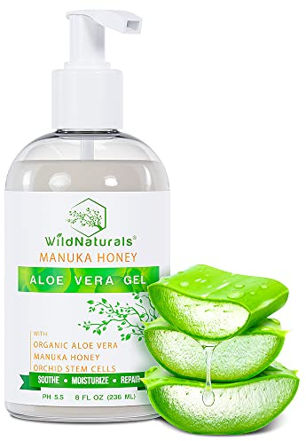 Wild Naturals 100% Pure Aloe Vera Gel with Manuka Honey – Organic Gel for Sunburn Relief, Acne, Scars & Dry Scalp – Moisturizing Gel for Face, Hair & Body