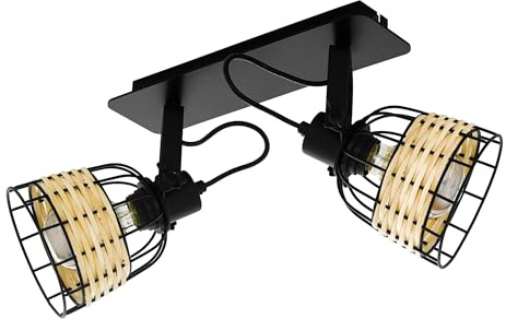 EGLO Deckenlampe Anwick 1, 2 flammige Deckenleuchte Vintage, Boho | Deckenstrahler aus Stahl und Rattan, Wohnzimmerlampe in Schwarz, Natur, Küchenlampe, Spots mit E27 Fassung