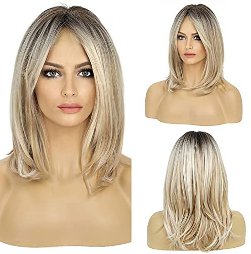 HAIRCUBE Long Blonde Wigs for Women Synthetic Hair Wig with Fringe Ombre Color with Dark Roots