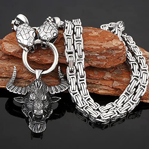 YABEME Viking Long Horn Bull Anhänger Halskette Männer Amulett Schmuck Heavy Duty Edelstahl Vintage Schlangenkopf König Kettenglied mit Valknut Rune Geschenktüte,23inch