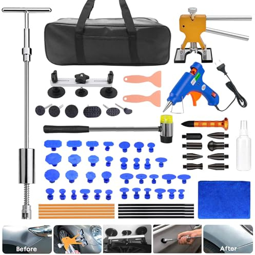 MENQANG Kit de extractor de abolladuras de coche con extractor de abolladuras dorado ajustable y extractor de abolladuras de puente, de abolladuras de barra en T de martillo deslizante para automóvil.
