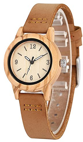 CAIDAI&YL Montre pour Femme en Bois d'érable avec Mouvement à Quartz, Affichage des Chiffres Arabes, Petit Cadran , Montres en Cuir pour Dames , modèle 2